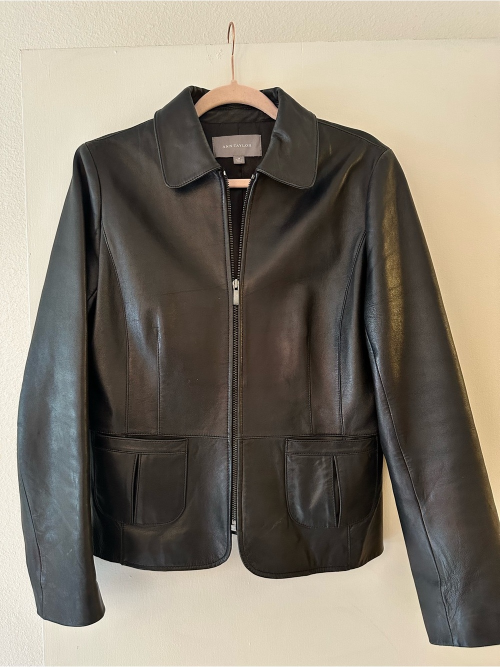 Ann Taylor Black Leather Zip-Front Jacket
